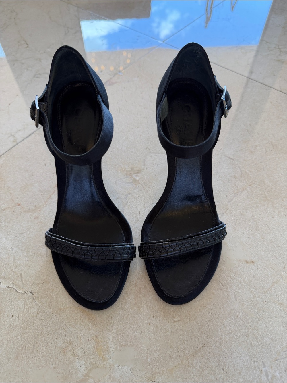 CHANEL satin and leather sandals with crystal embellishments on heel